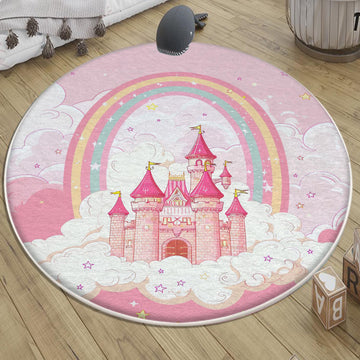 Round Princess Castle Pink Nursery Room Rug, Cute Girl Rug For Kids Room, Playground Rug, Baby Rug, Nursery Decor with pillow case gift
