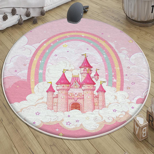 Round Princess Castle Pink Nursery Room Rug, Cute Girl Rug For Kids Room, Playground Rug, Baby Rug, Nursery Decor with pillow case gift