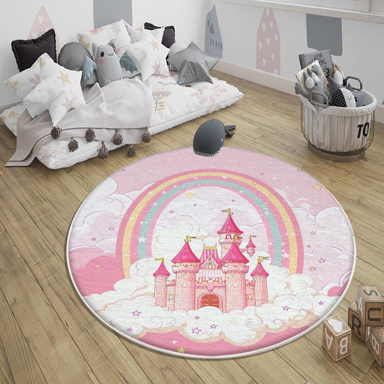 Round Princess Castle Pink Nursery Room Rug, Cute Girl Rug For Kids Room, Playground Rug, Baby Rug, Nursery Decor with pillow case gift