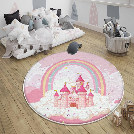 Round Princess Castle Pink Nursery Room Rug, Cute Girl Rug For Kids Room, Playground Rug, Baby Rug, Nursery Decor with pillow case gift