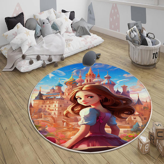 Round Medieval Princess Castle  Kids Room Rug, Cute Girl Rug For Kids Room, Playground Rug, Baby Rug, Kids Girl Decor with pillow case gift