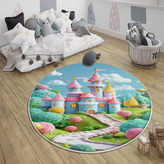 Round Candy Princess Castle  Kids Room Rug, Cute Girl Rug For Kids Room, Playground Rug, Baby Rug, Nursery Decor with pillow case gift