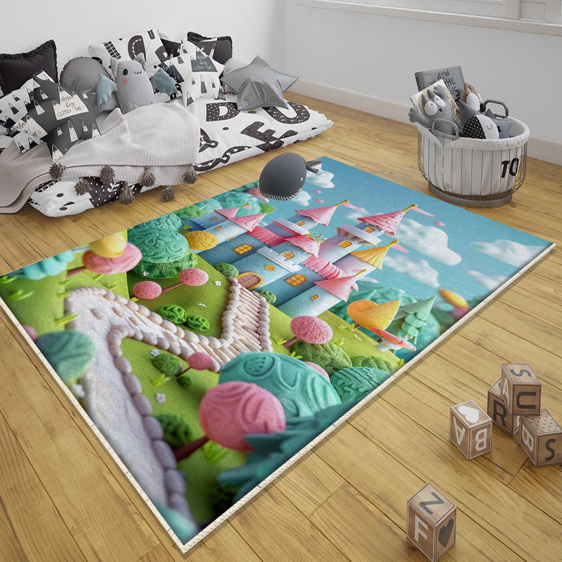 Round Candy Princess Castle  Kids Room Rug, Cute Girl Rug For Kids Room, Playground Rug, Baby Rug, Nursery Decor with pillow case gift