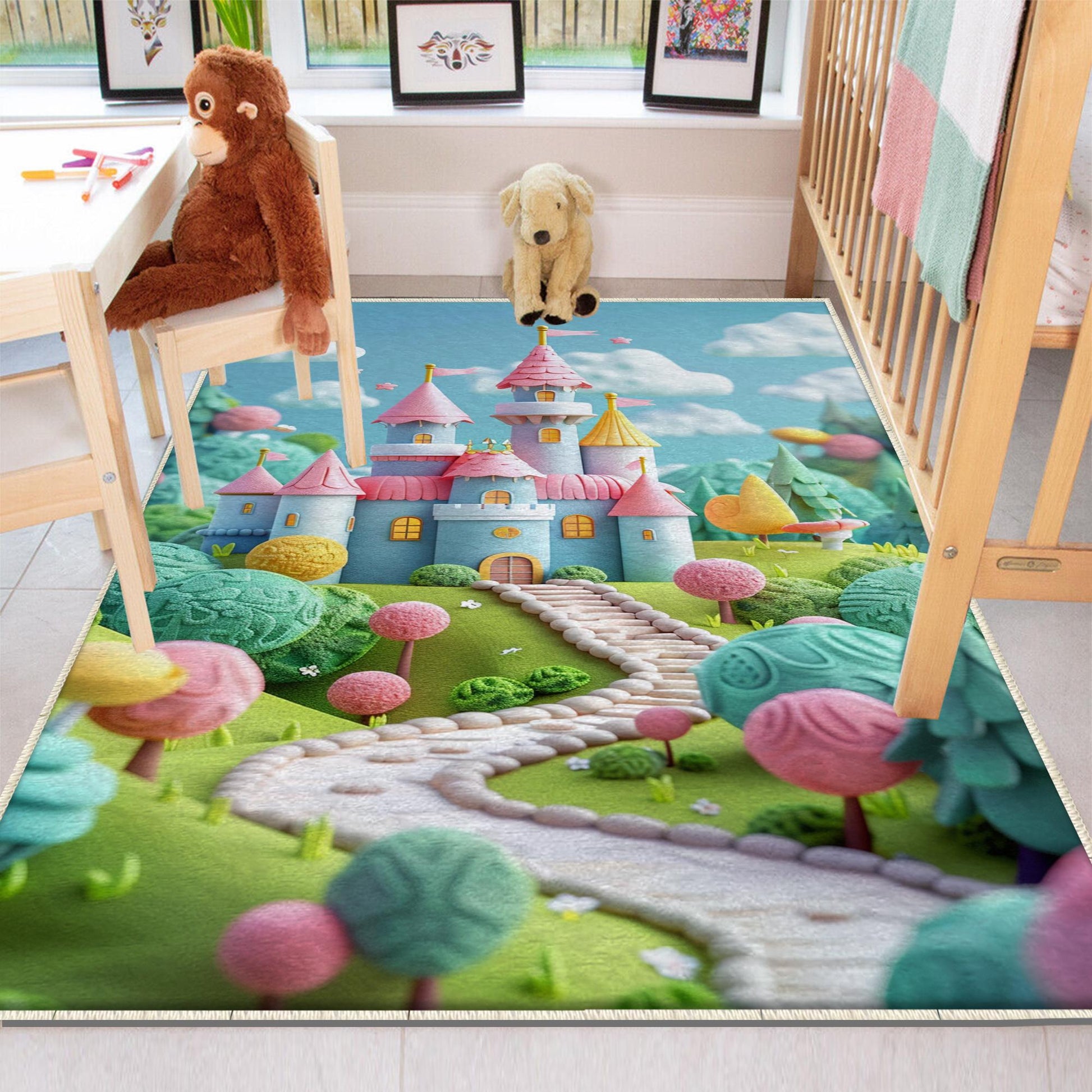Round Candy Princess Castle  Kids Room Rug, Cute Girl Rug For Kids Room, Playground Rug, Baby Rug, Nursery Decor with pillow case gift
