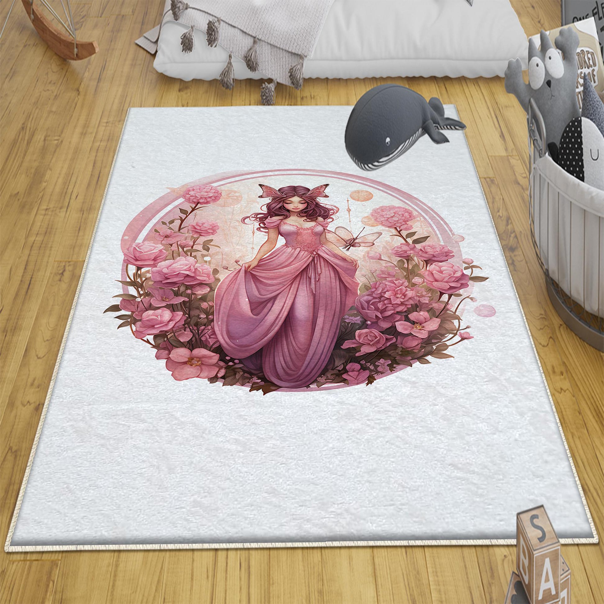 Round Fairy Princess Flowers Kids Room Rug, Cute Girl Rug For Kids Room, Playground Rug, Baby Rug, Nursery Decor with pillow case gift
