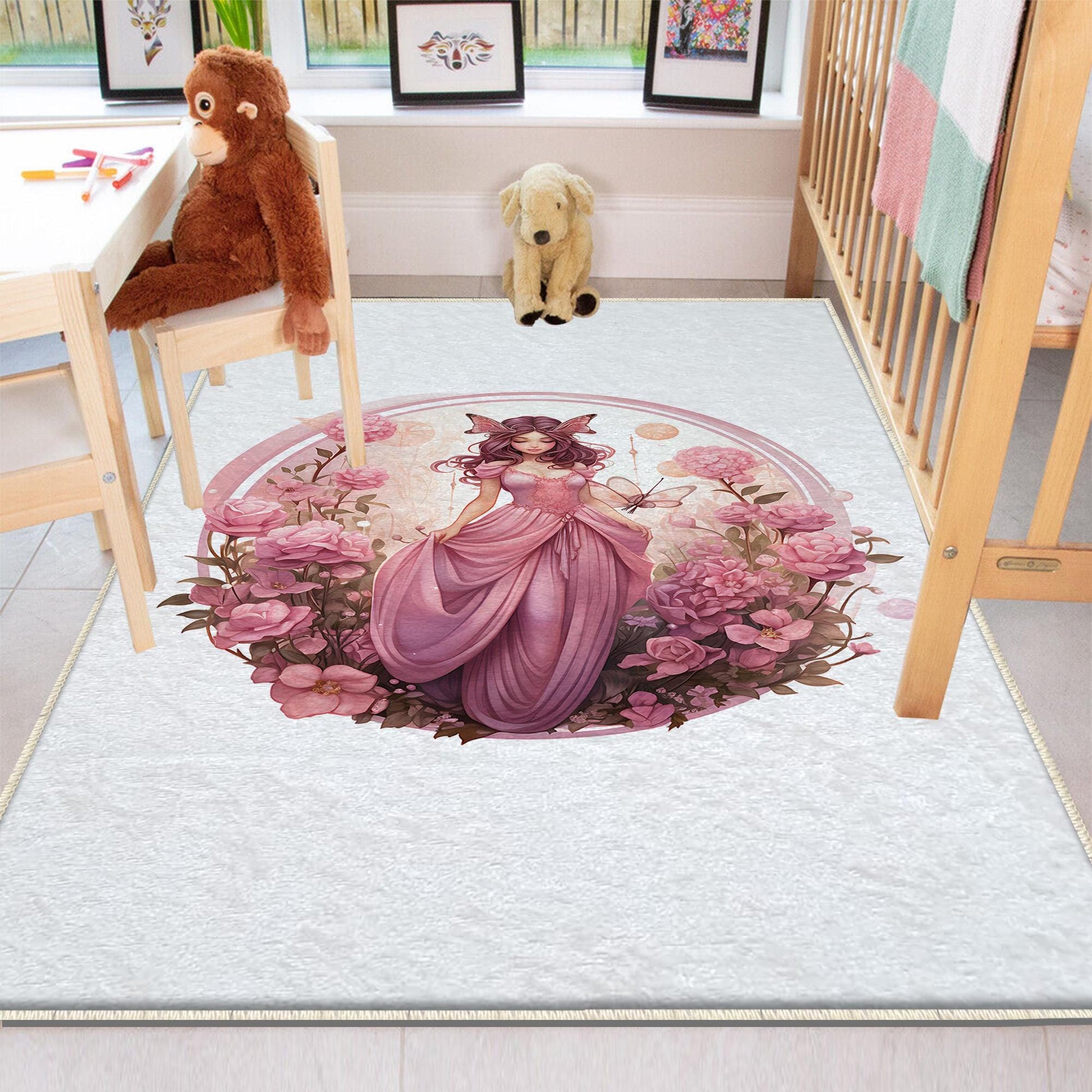 Round Fairy Princess Flowers Kids Room Rug, Cute Girl Rug For Kids Room, Playground Rug, Baby Rug, Nursery Decor with pillow case gift