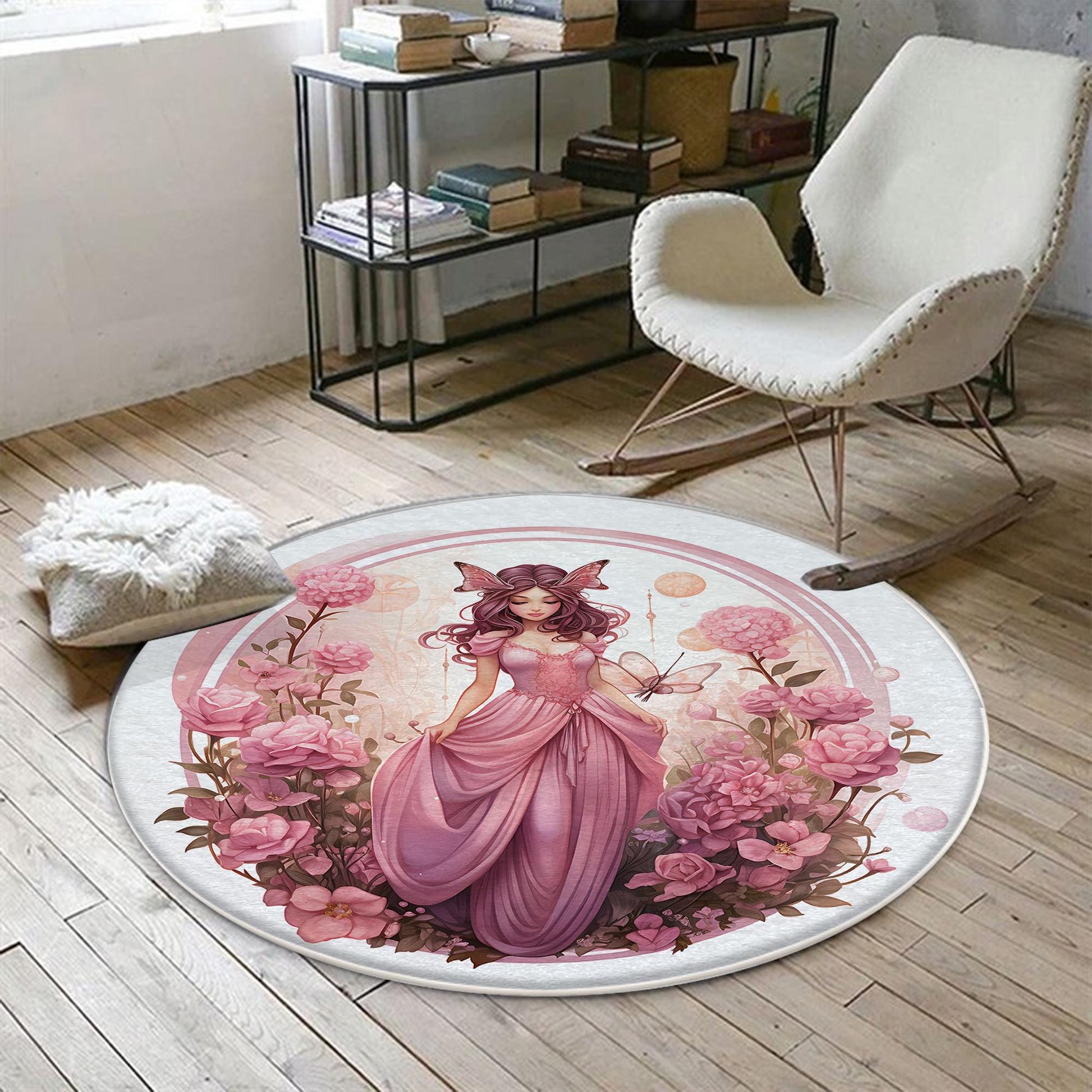 Round Fairy Princess Flowers Kids Room Rug, Cute Girl Rug For Kids Room, Playground Rug, Baby Rug, Nursery Decor with pillow case gift