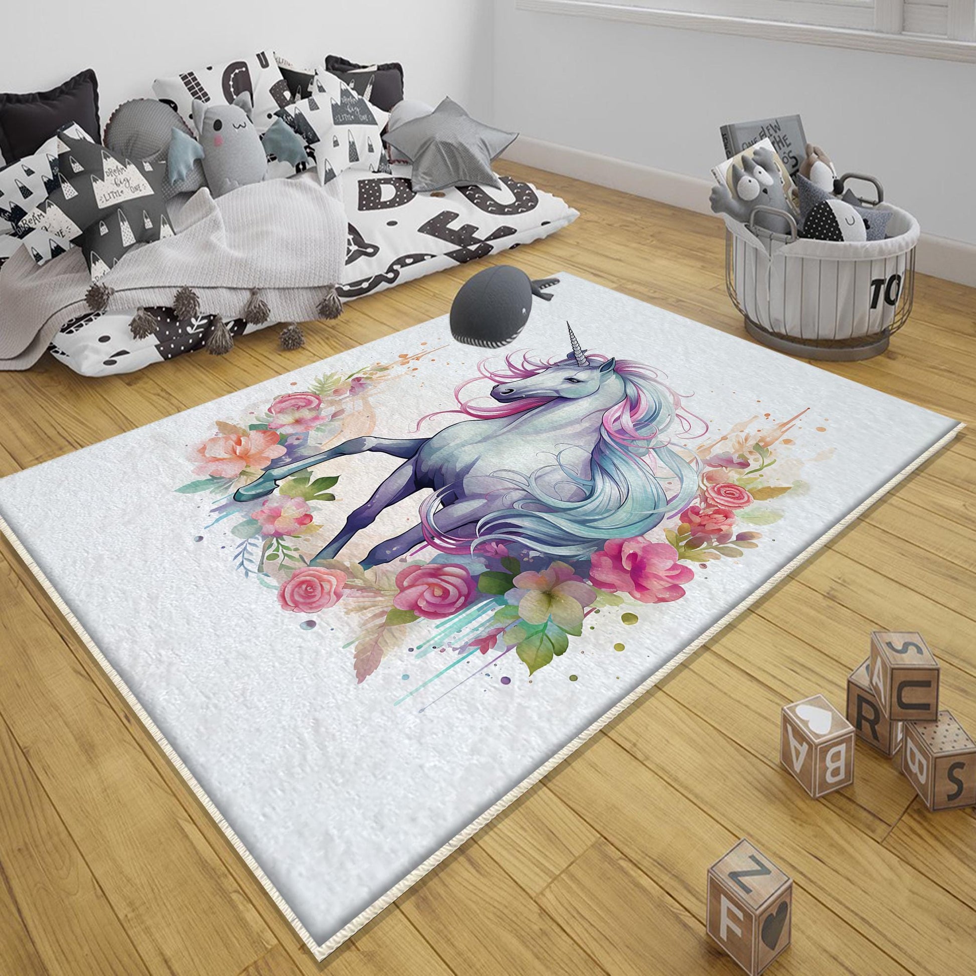 Round Unicorn Horse Flowers Kids Room Rug, Cute Girl Rug For Kids Room, Playground Rug, Baby Rug, Nursery Decor with pillow case gift