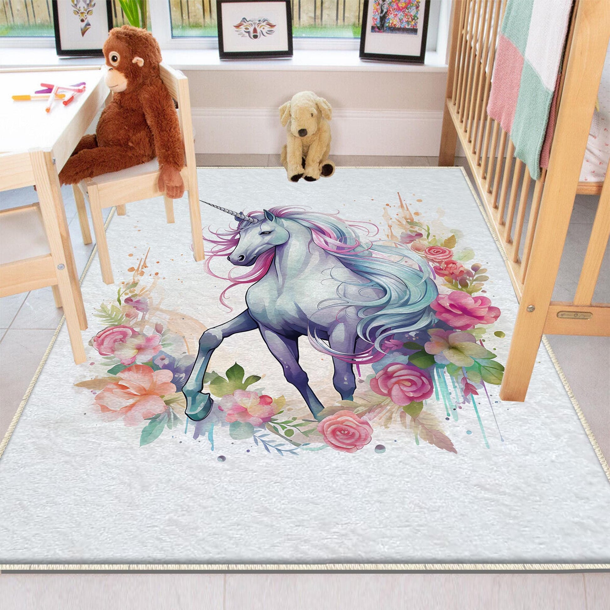 Round Unicorn Horse Flowers Kids Room Rug, Cute Girl Rug For Kids Room, Playground Rug, Baby Rug, Nursery Decor with pillow case gift