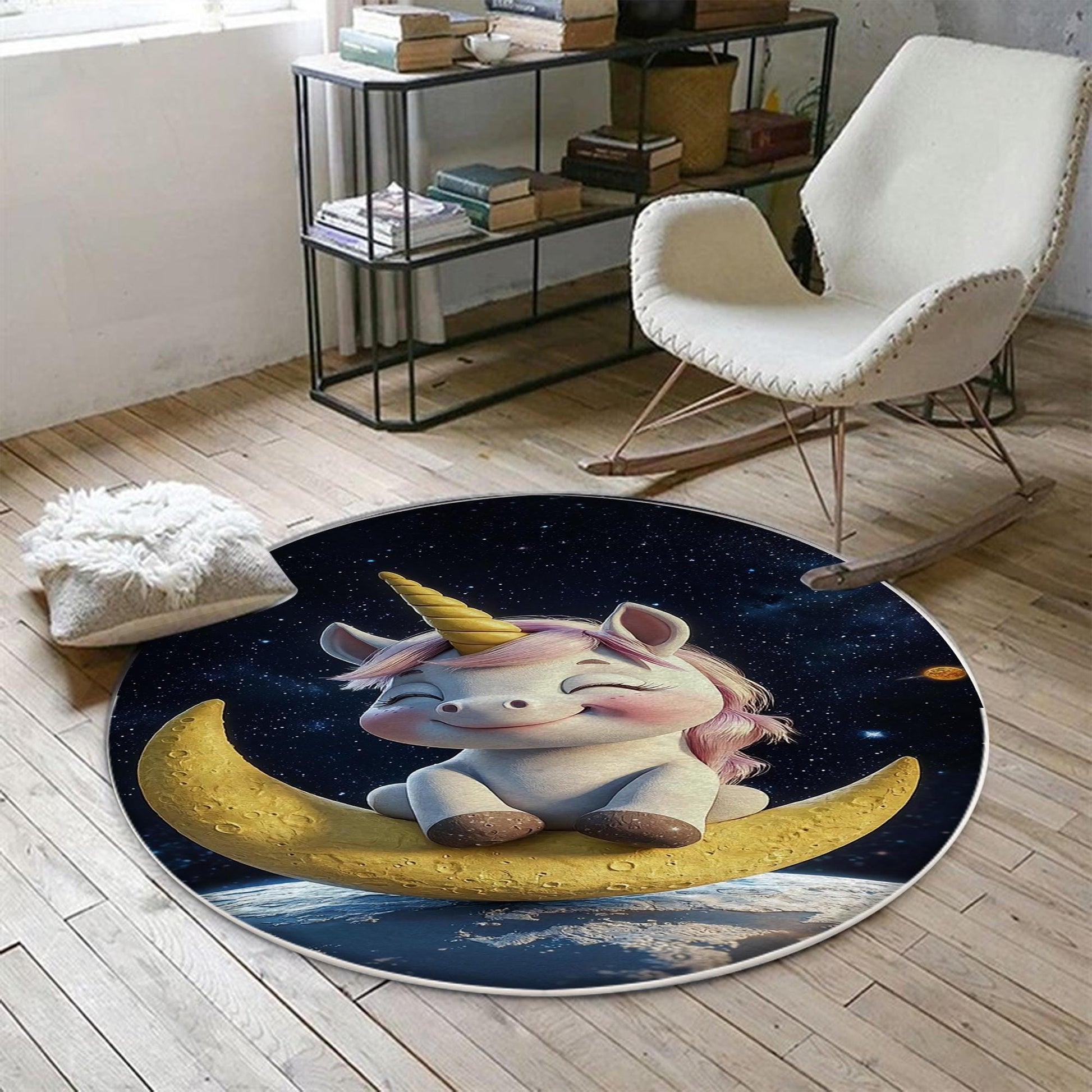 Round Moon Star Unicorn Child Room Rug, Cute Girl Rug For Kids Room, Playground Rug, Baby Rug, Nursery Decor with pillow case gift