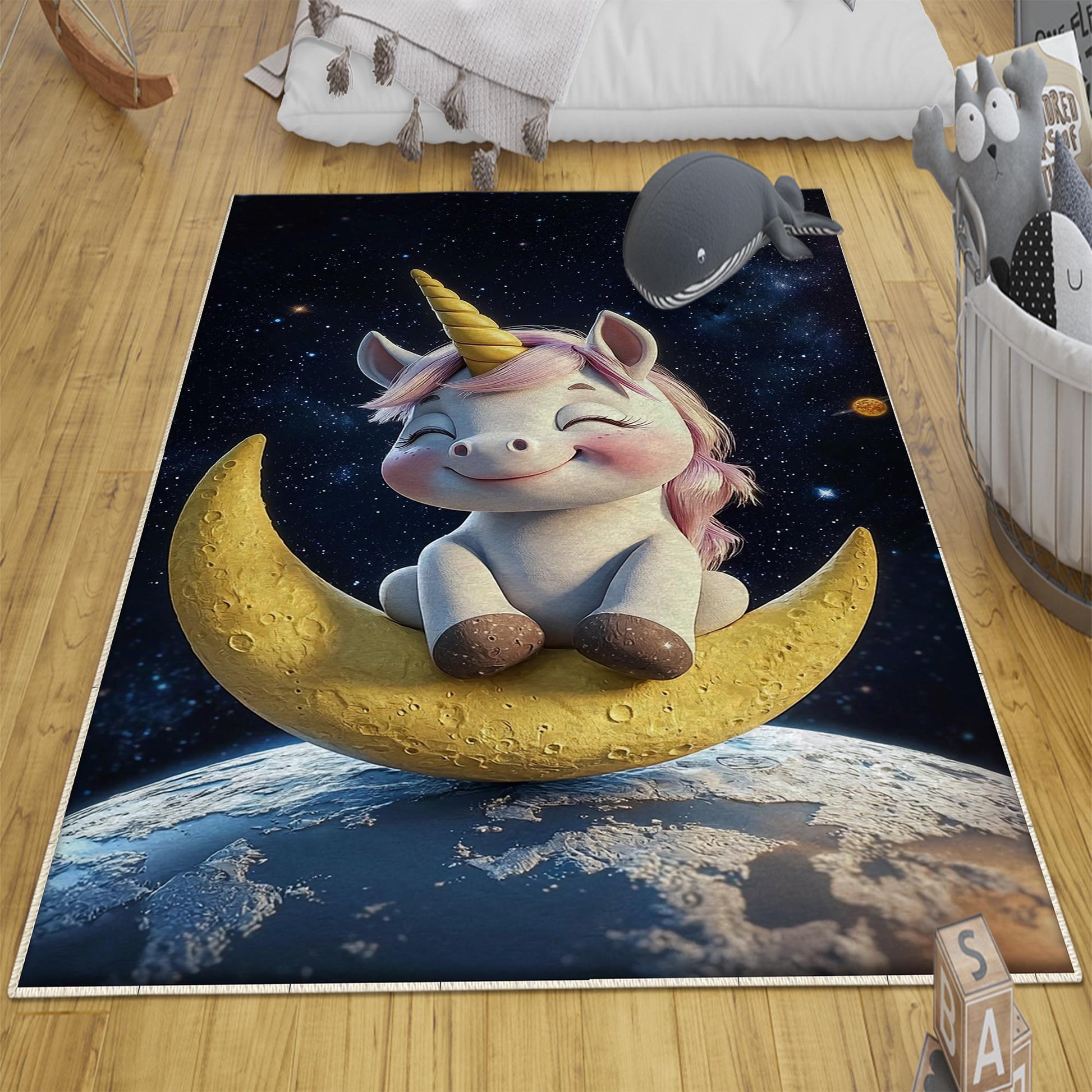 Round Moon Star Unicorn Child Room Rug, Cute Girl Rug For Kids Room, Playground Rug, Baby Rug, Nursery Decor with pillow case gift