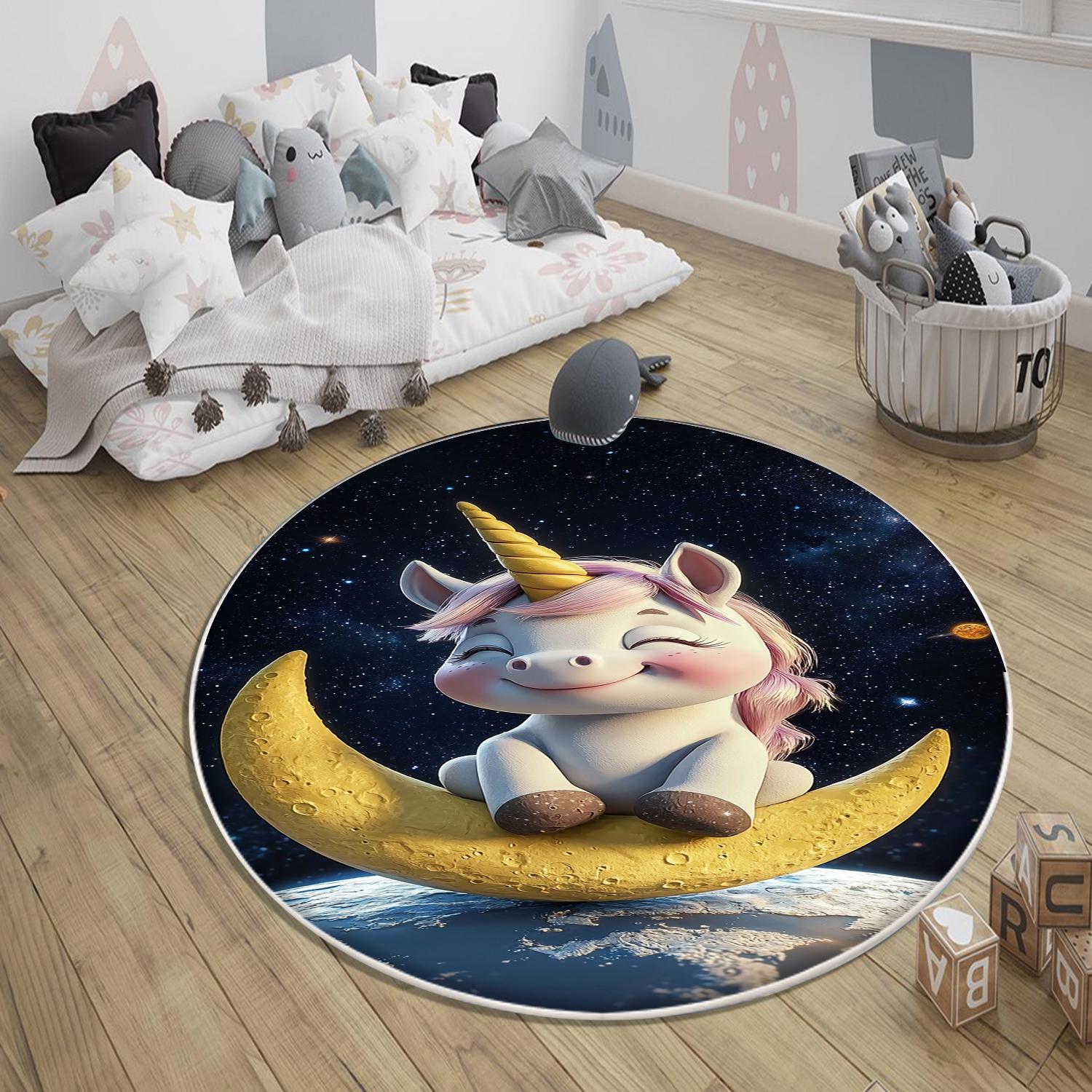 Round Moon Star Unicorn Child Room Rug, Cute Girl Rug For Kids Room, Playground Rug, Baby Rug, Nursery Decor with pillow case gift