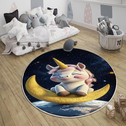 Round Moon Star Unicorn Child Room Rug, Cute Girl Rug For Kids Room, Playground Rug, Baby Rug, Nursery Decor with pillow case gift