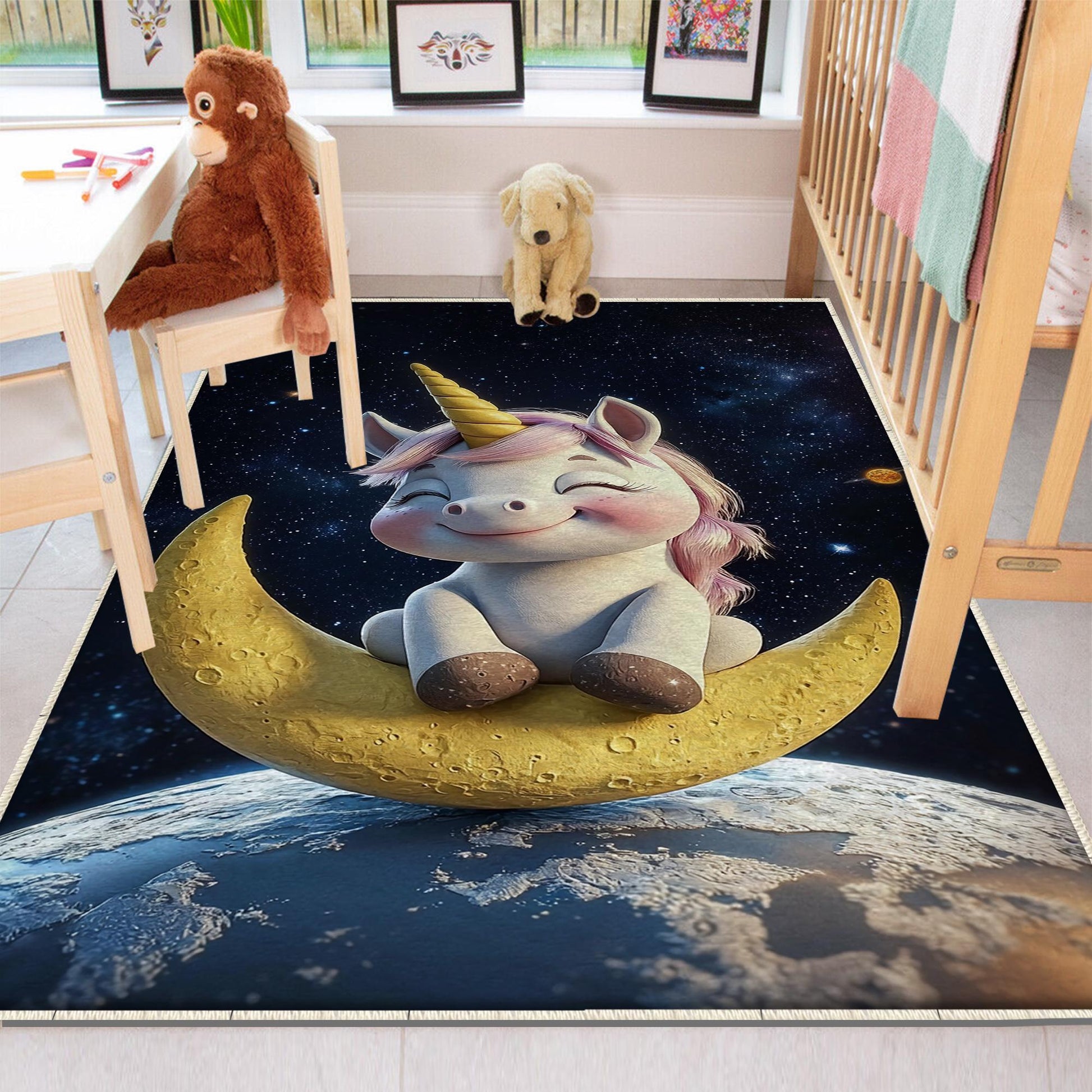Round Moon Star Unicorn Child Room Rug, Cute Girl Rug For Kids Room, Playground Rug, Baby Rug, Nursery Decor with pillow case gift