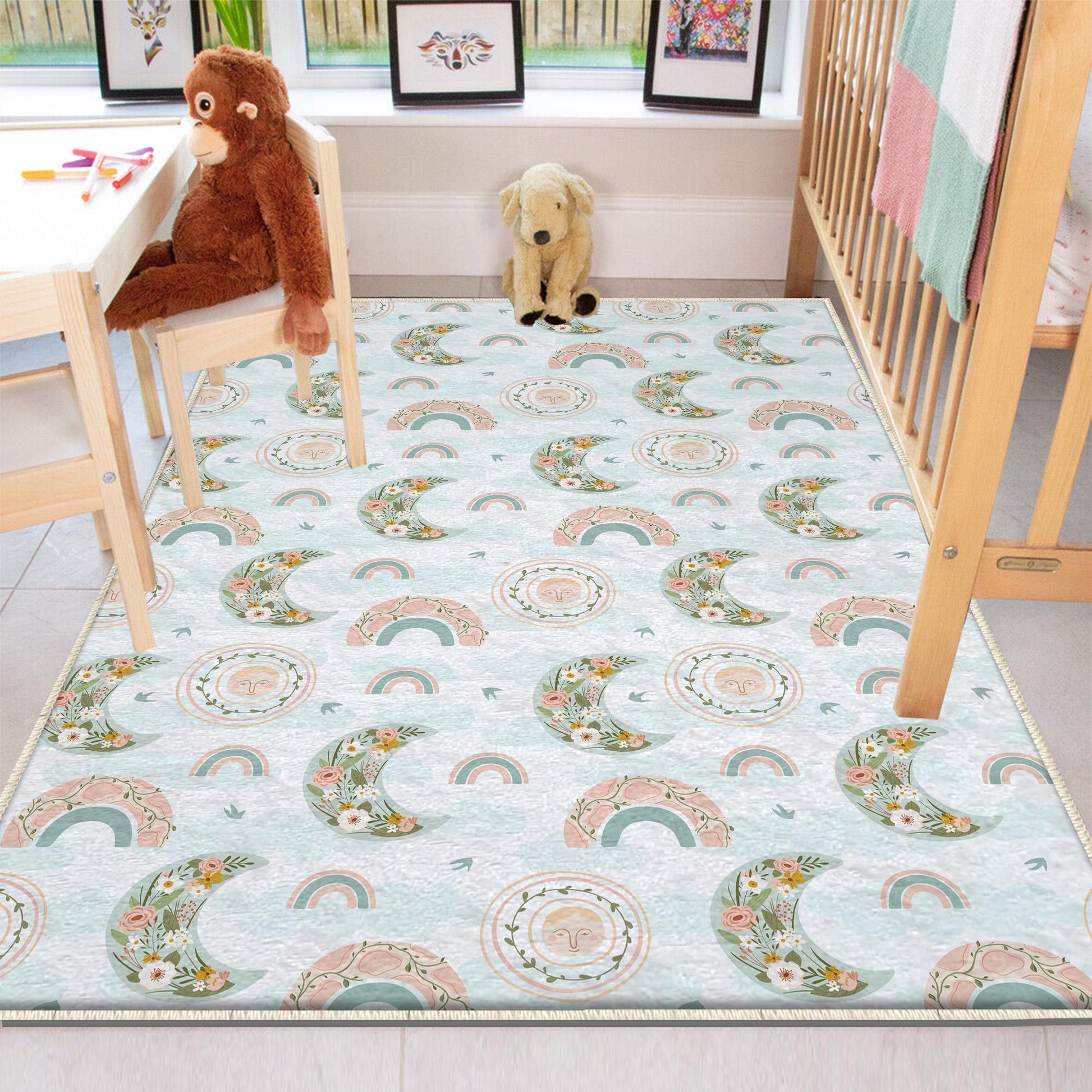 Moon Star Boho Kids Room Rug, Cute Rainbow Moon Rug For Kids Room, Playground Rug, Baby Rug, Nursery Decor with pillow case gift