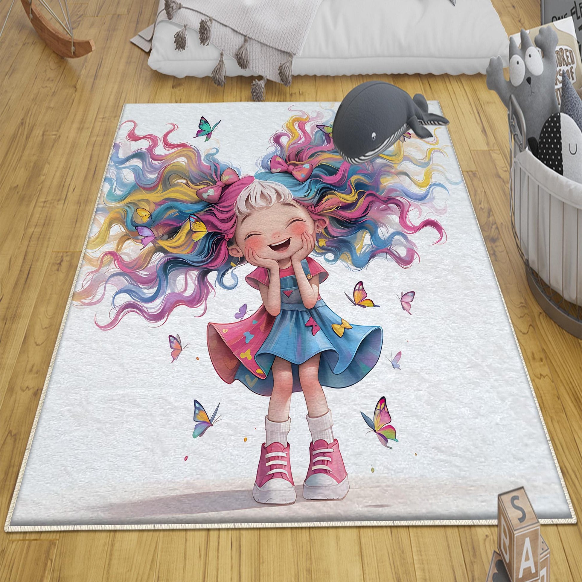 Colourful Cute Girls Kids Room Rug, Cute Girls Rug For Kids Room, Playground Rug, Baby Rug, Nursery Decor with pillow case gift