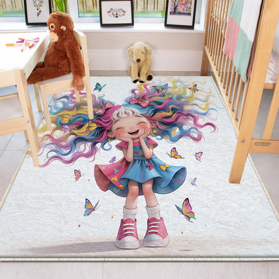 Colourful Cute Girls Kids Room Rug, Cute Girls Rug For Kids Room, Playground Rug, Baby Rug, Nursery Decor with pillow case gift