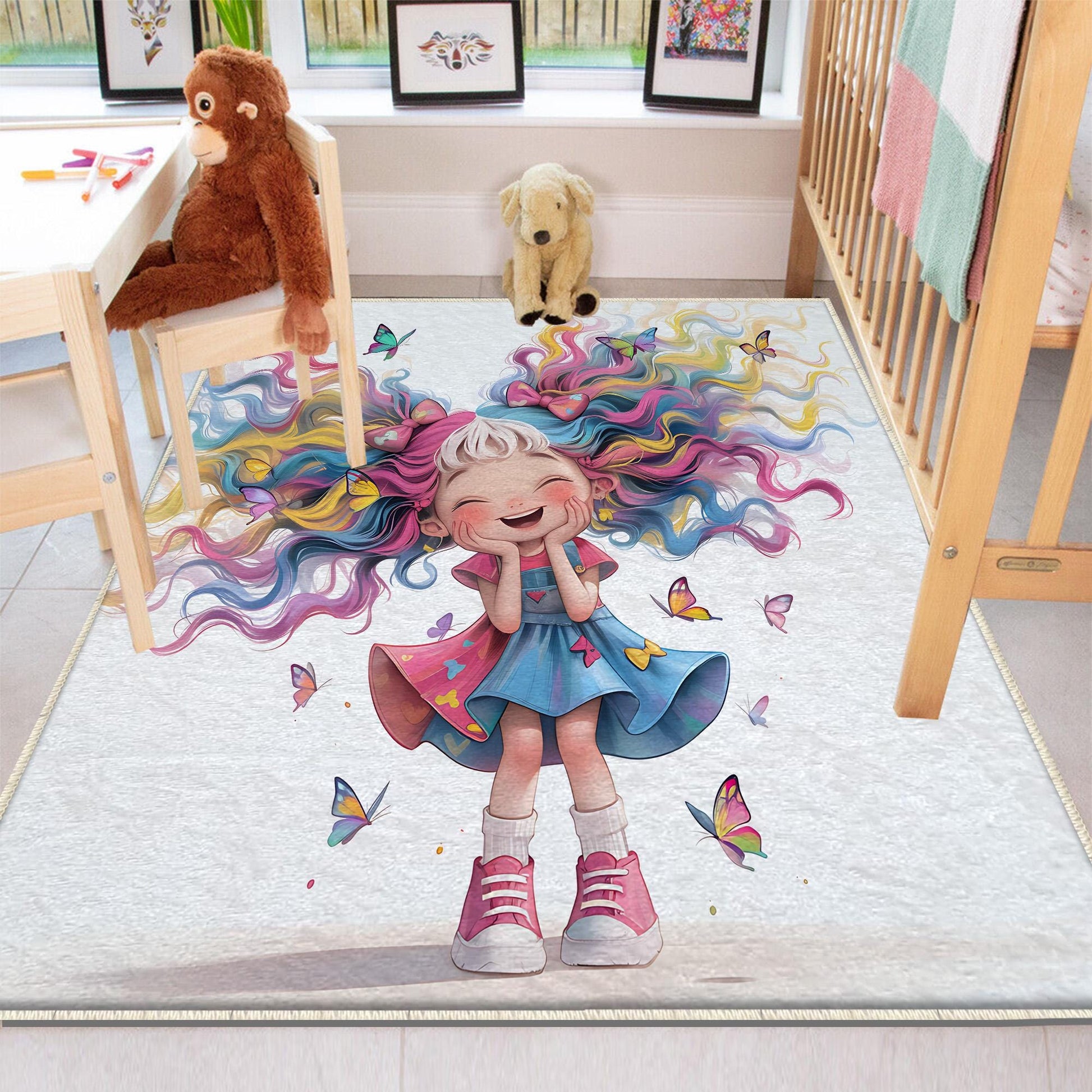 Colourful Cute Girls Kids Room Rug, Cute Girls Rug For Kids Room, Playground Rug, Baby Rug, Nursery Decor with pillow case gift