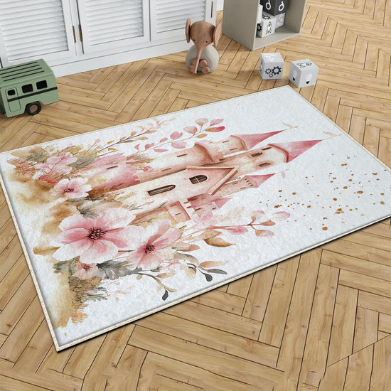 Medieval Castle Floral Nursery Room Rug, Cute Girl Rug Gift For Kids, Baby Shower Rug, Baby Gift, Nursery Decor with pillow case gift