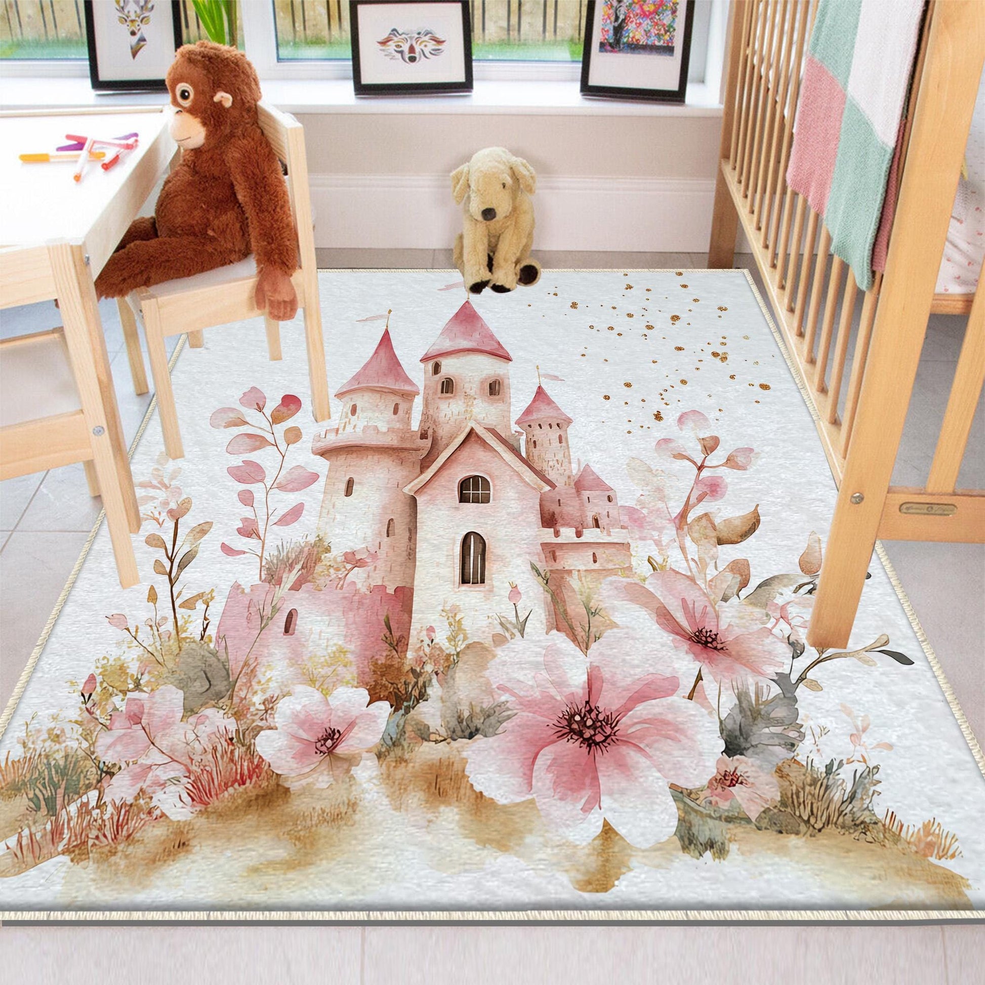 Round Medieval Castle Floral Nursery Room Rug, Cute Girl Rug Gift For Kids, Baby Shower Rug, Baby Gift, Nursery Decor with pillow case gift