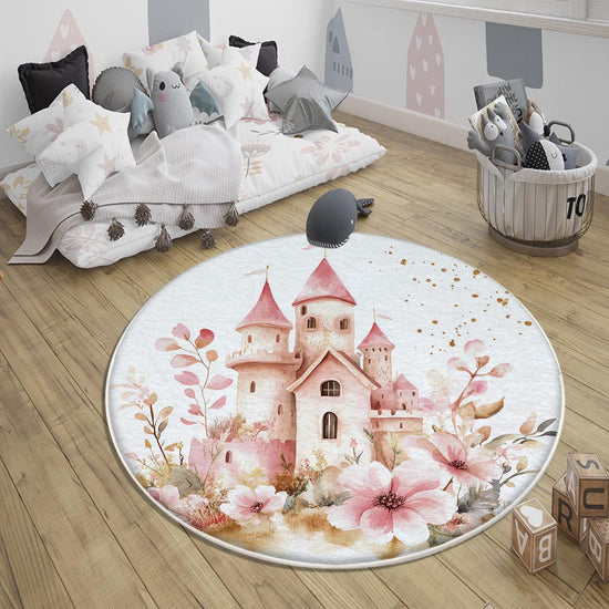 Round Medieval Castle Floral Nursery Room Rug, Cute Girl Rug Gift For Kids, Baby Shower Rug, Baby Gift, Nursery Decor with pillow case gift