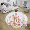 Round Medieval Castle Floral Nursery Room Rug, Cute Girl Rug Gift For Kids, Baby Shower Rug, Baby Gift, Nursery Decor with pillow case gift