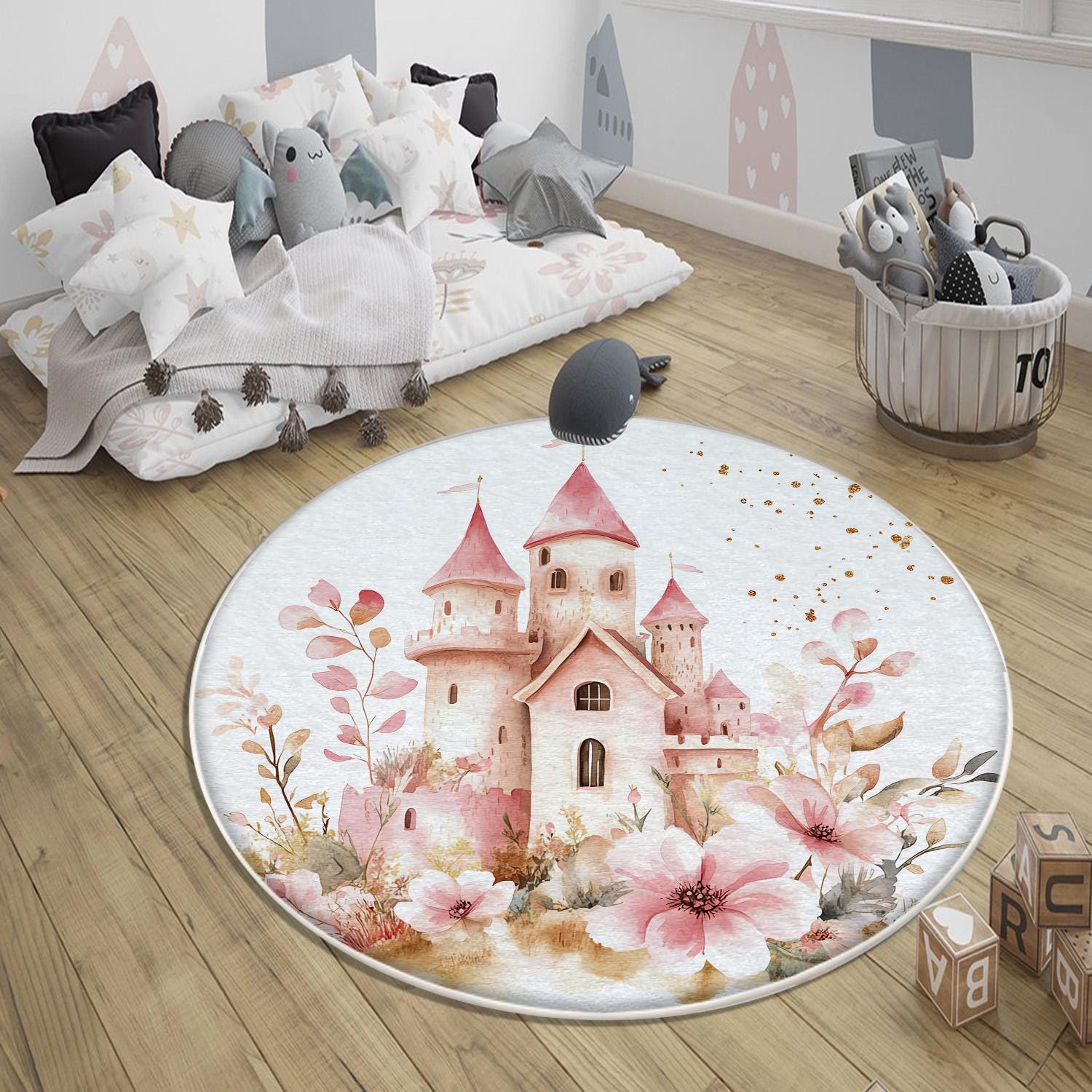 Round Medieval Castle Floral Nursery Room Rug, Cute Girl Rug Gift For Kids, Baby Shower Rug, Baby Gift, Nursery Decor with pillow case gift