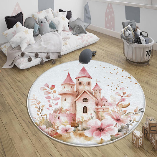 Round Medieval Castle Floral Nursery Room Rug, Cute Girl Rug Gift For Kids, Baby Shower Rug, Baby Gift, Nursery Decor with pillow case gift