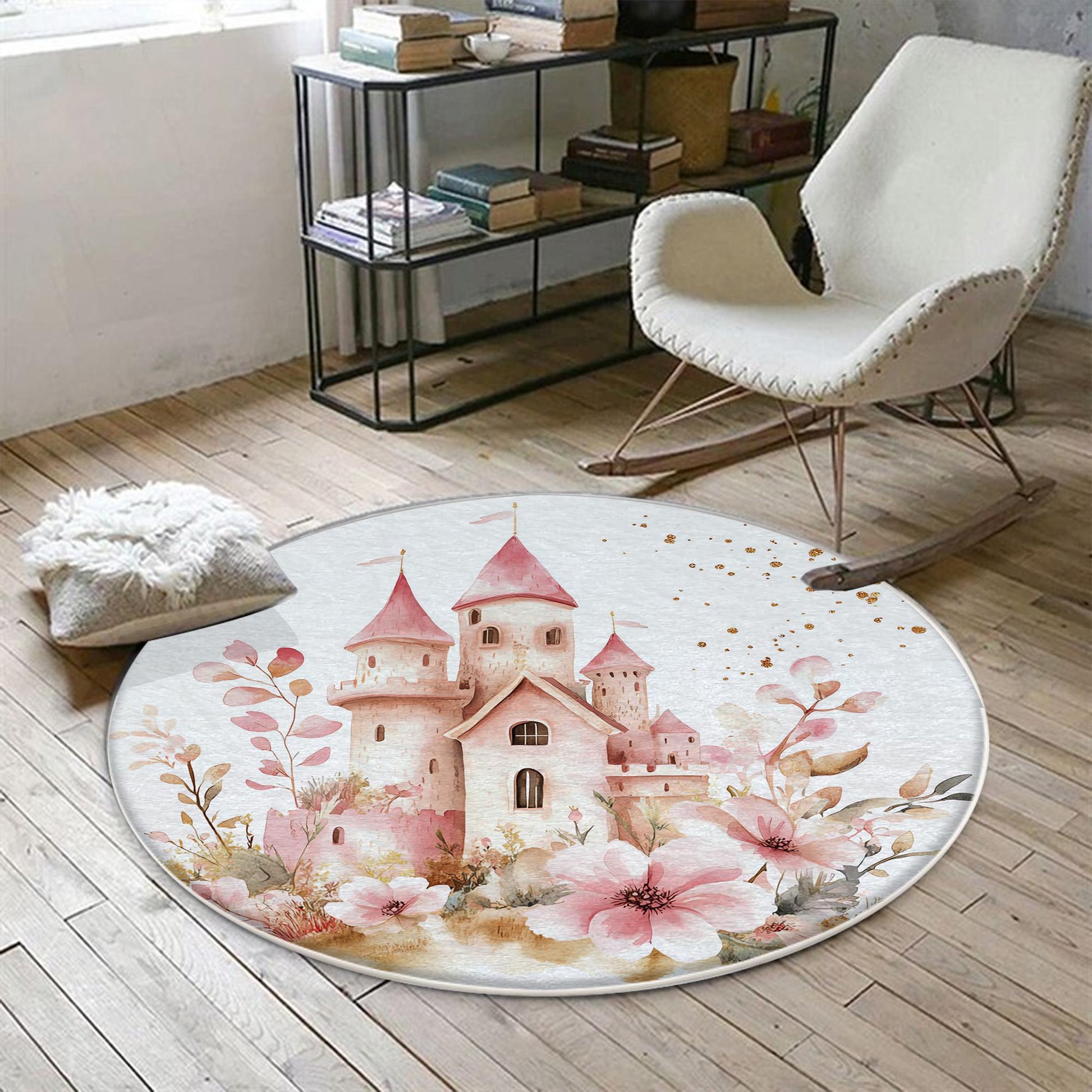 Round Medieval Castle Floral Nursery Room Rug, Cute Girl Rug Gift For Kids, Baby Shower Rug, Baby Gift, Nursery Decor with pillow case gift