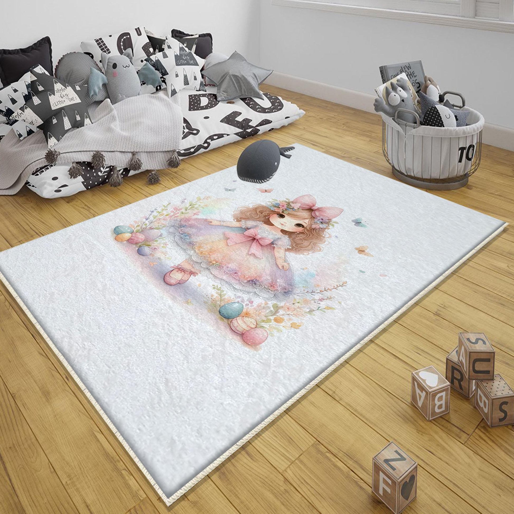 Round Little Princess Floral Nursery Room Rug, Cute Girl Rug Gift For Kids, Baby Shower Rug, Baby Gift, Nursery Decor with pillow case gift