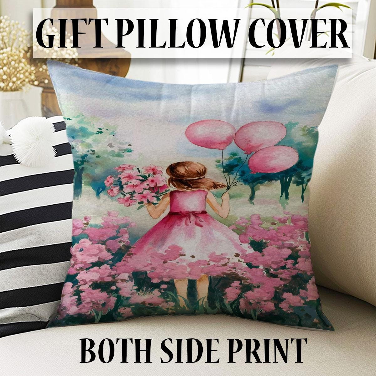 Round Pink Girls Floral Flowers Woodland Child Room Rug, Cute Girl Rug Gift For Kids, Kids Room Decor with pillow case gift