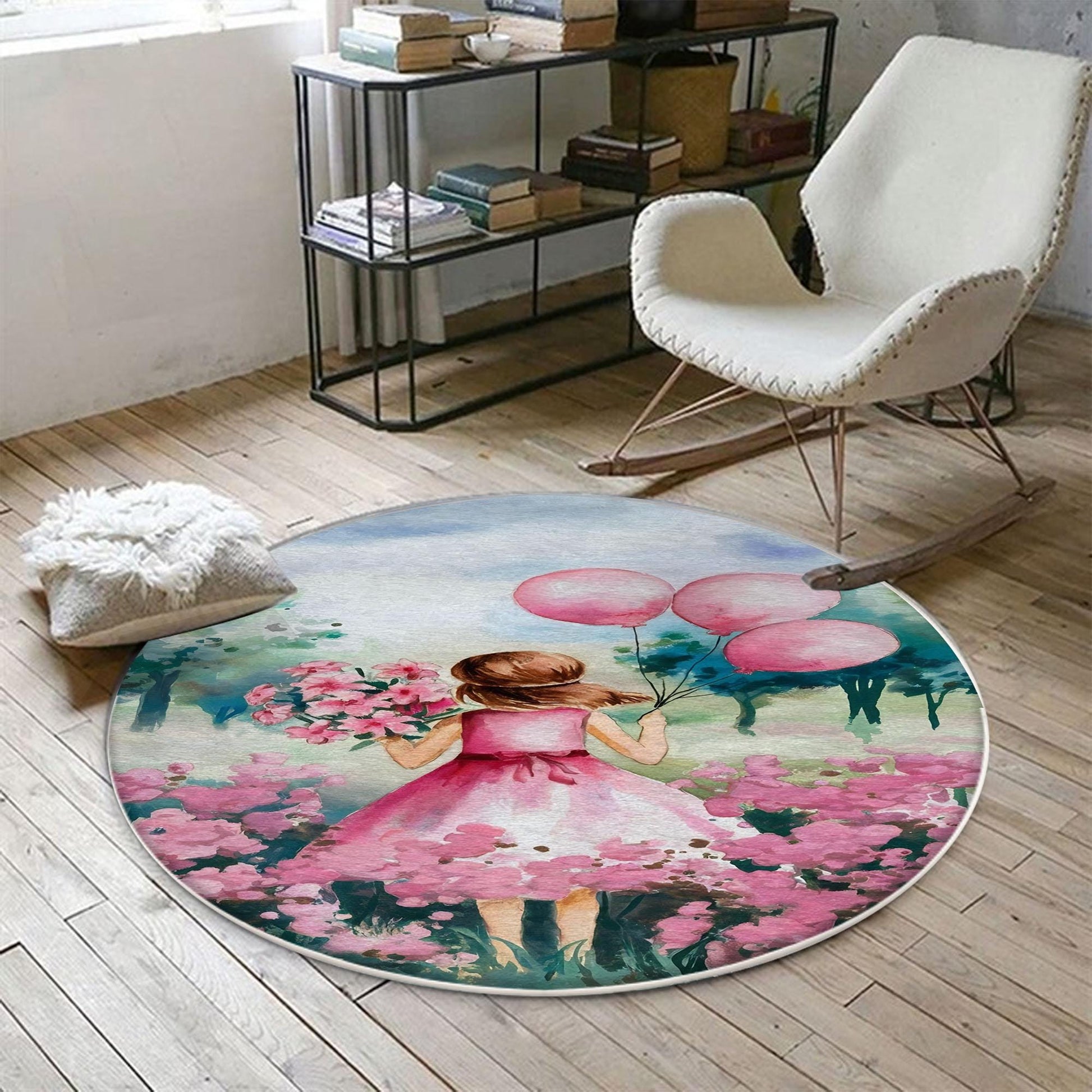 Round Pink Girls Floral Flowers Woodland Child Room Rug, Cute Girl Rug Gift For Kids, Kids Room Decor with pillow case gift