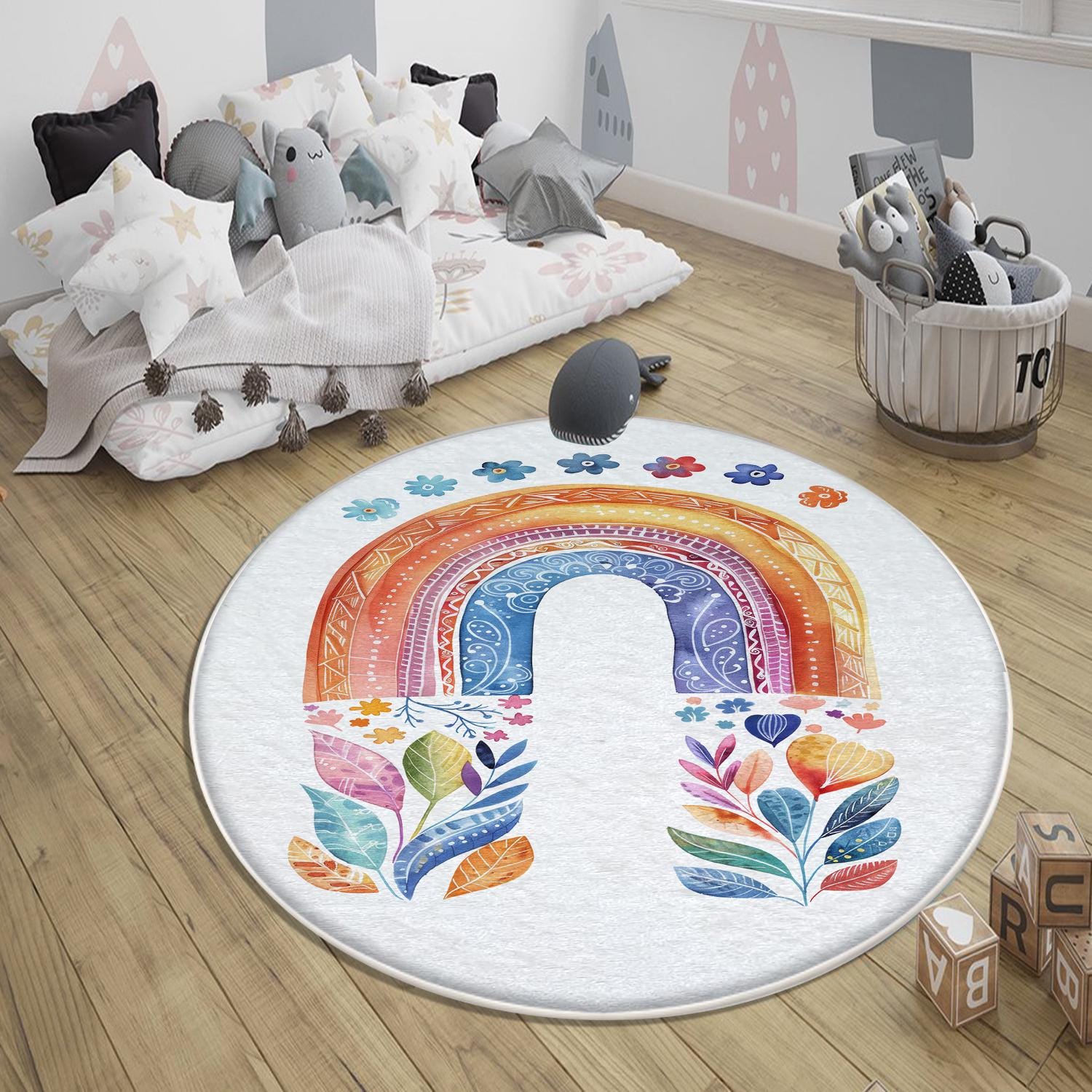 Round Colorful Rainbow Flowers Nursery Room Rug, Cute Girl Rug Gift For Kids, Girls Kids Room Gift, Kids Room Decor with pillow case gift