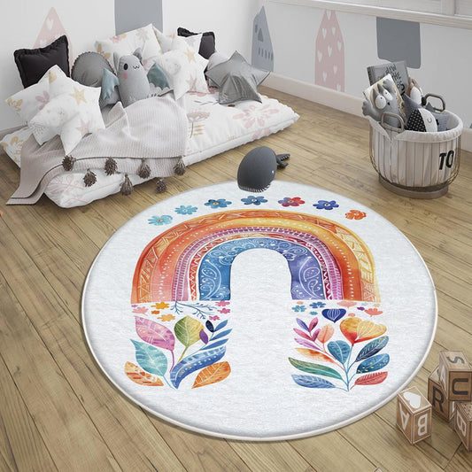 Round Colorful Rainbow Flowers Nursery Room Rug, Cute Girl Rug Gift For Kids, Girls Kids Room Gift, Kids Room Decor with pillow case gift