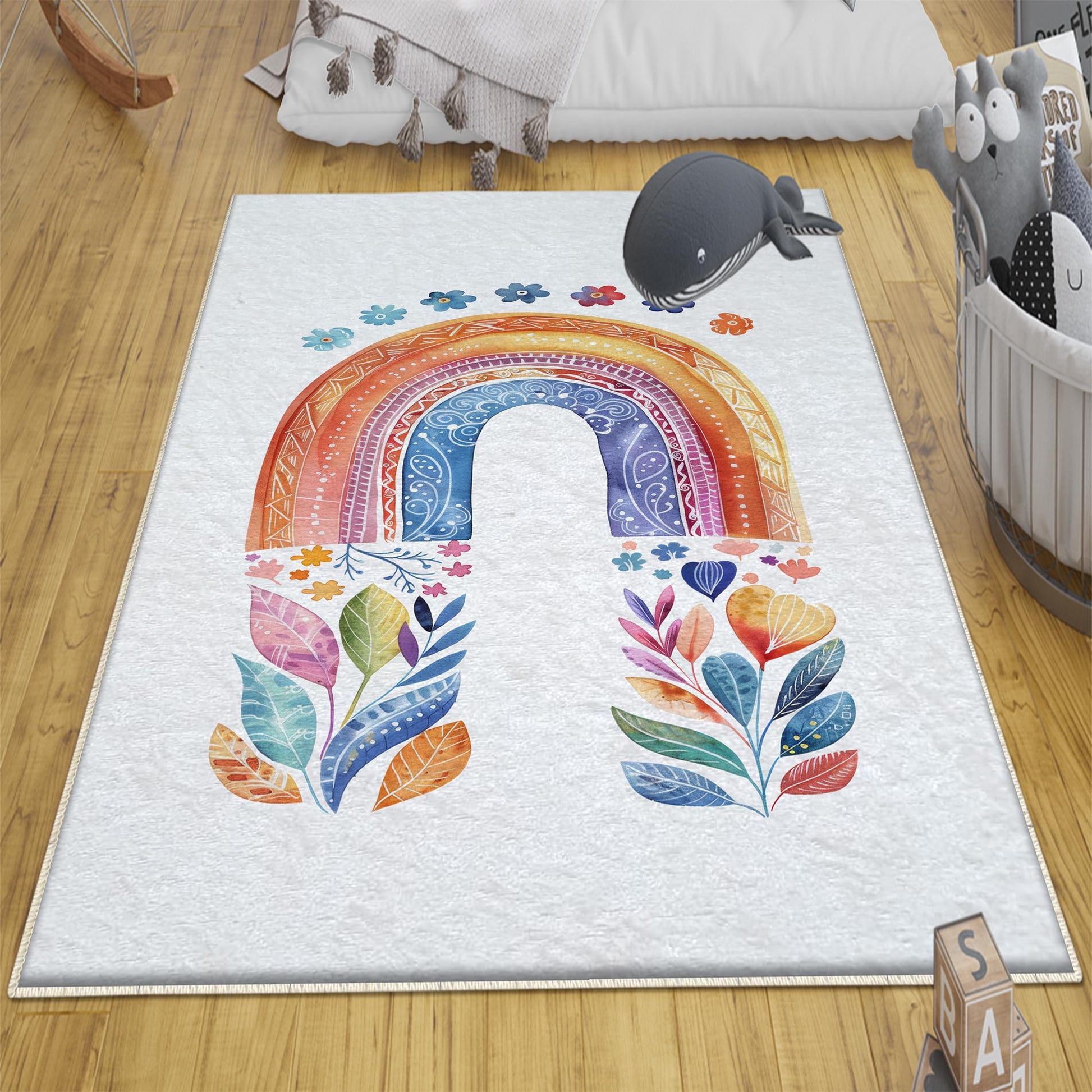 Round Colorful Rainbow Flowers Nursery Room Rug, Cute Girl Rug Gift For Kids, Girls Kids Room Gift, Kids Room Decor with pillow case gift