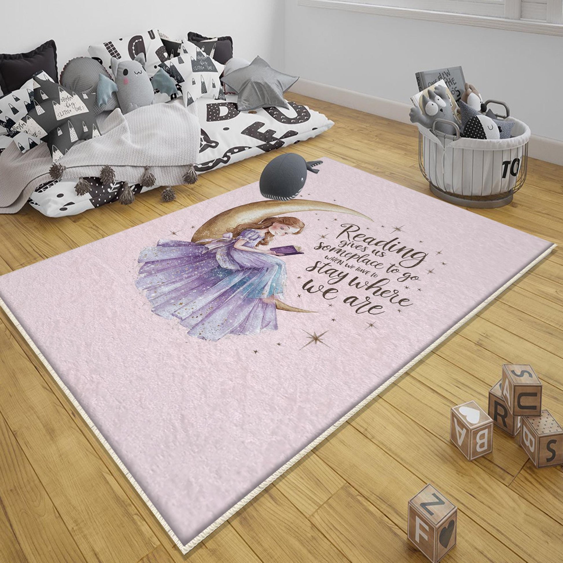 Round Girl sitting moon and reading book Kids Room Rug, Cute Pink Rug Gift For Kids, Kids Room Gift, Kids Room Decor with pillow case gift