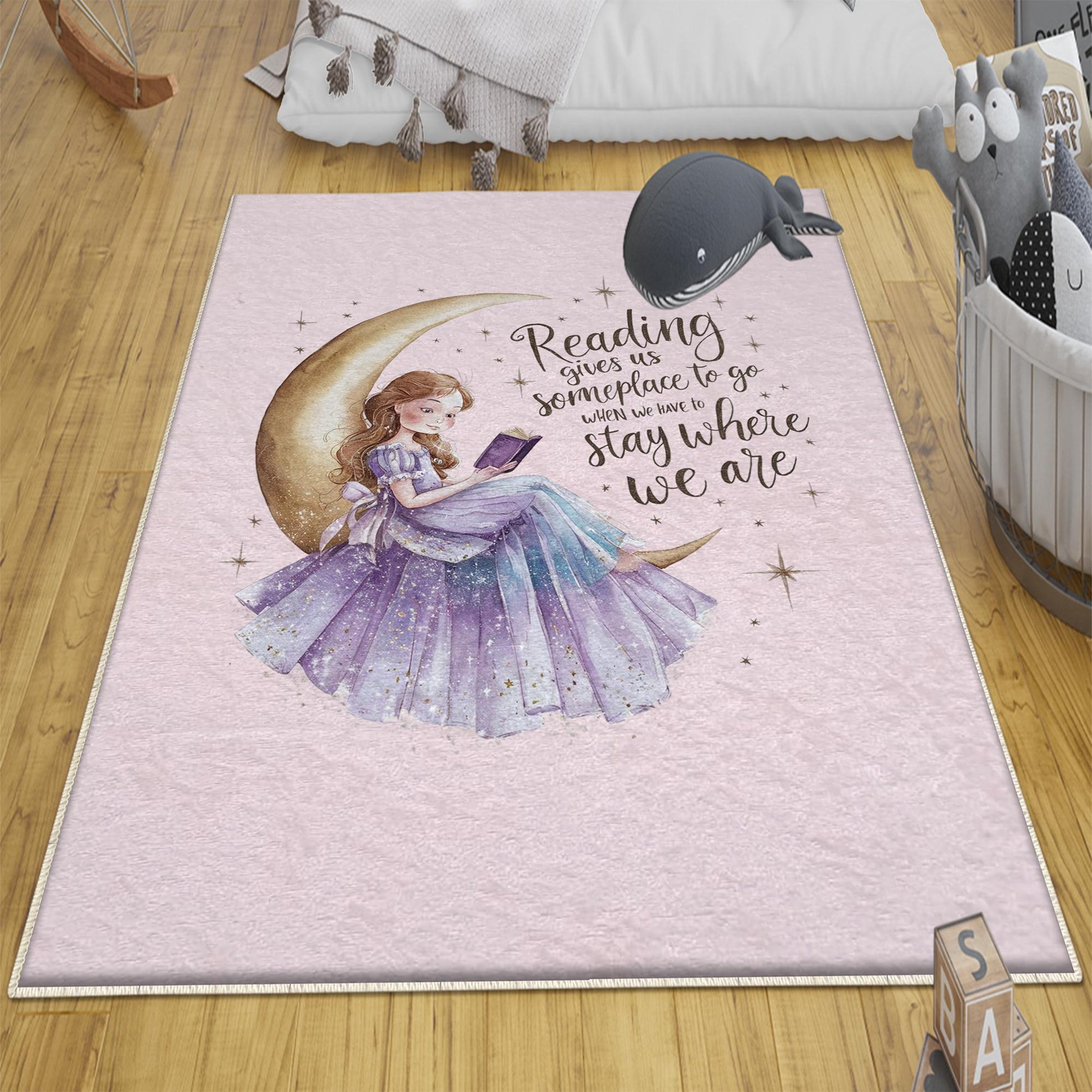 Round Girl sitting moon and reading book Kids Room Rug, Cute Pink Rug Gift For Kids, Kids Room Gift, Kids Room Decor with pillow case gift