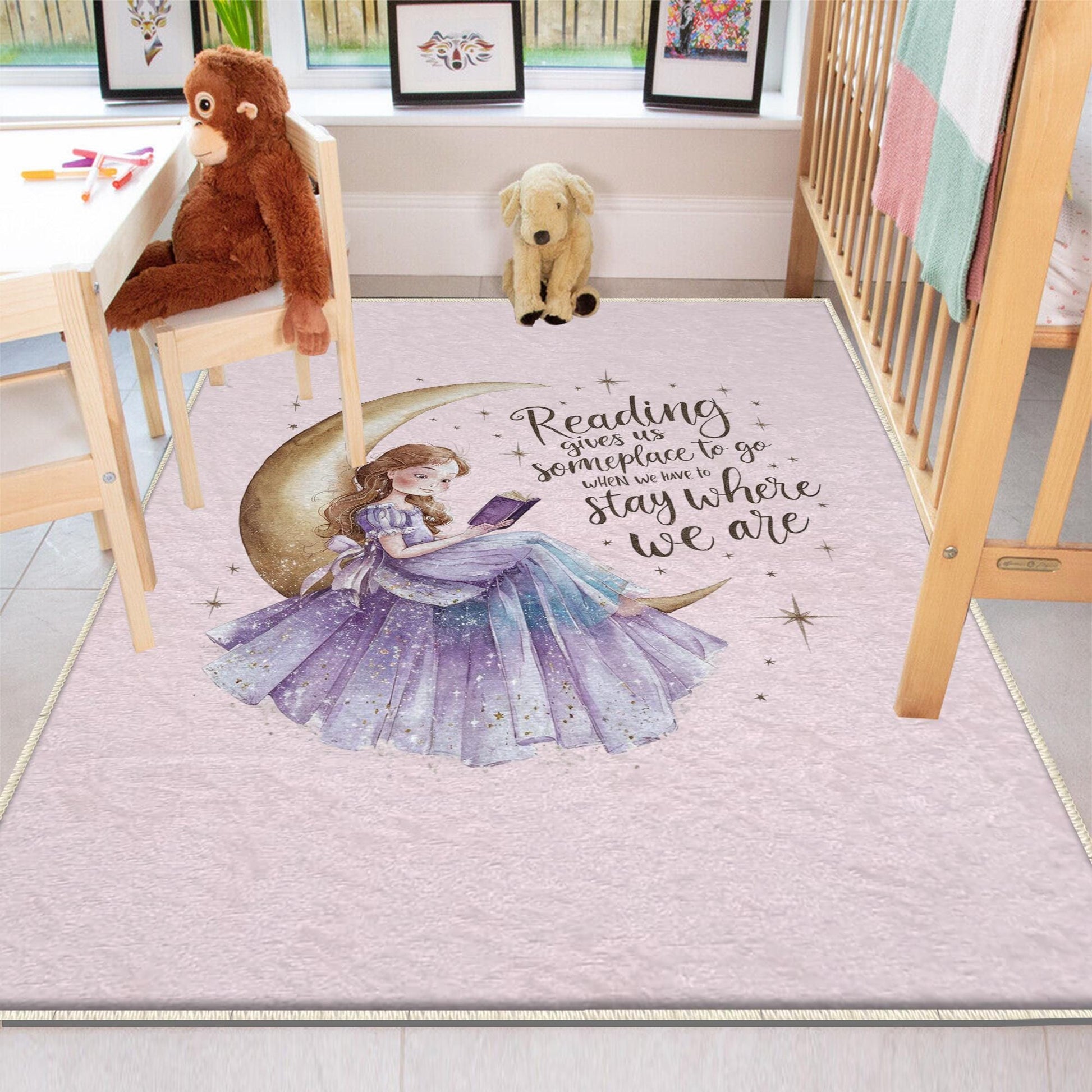 Round Girl sitting moon and reading book Kids Room Rug, Cute Pink Rug Gift For Kids, Kids Room Gift, Kids Room Decor with pillow case gift