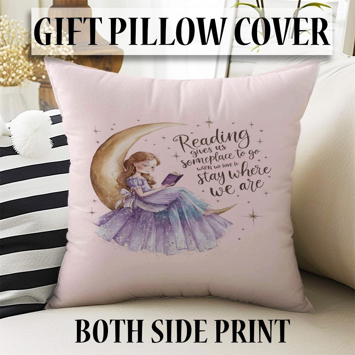 Round Girl sitting moon and reading book Kids Room Rug, Cute Pink Rug Gift For Kids, Kids Room Gift, Kids Room Decor with pillow case gift