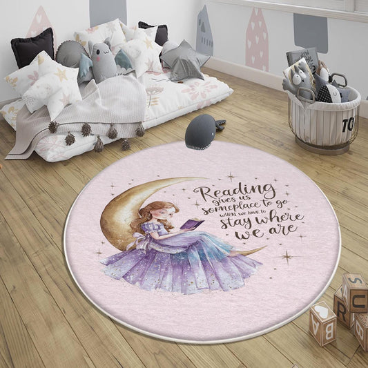 Round Girl sitting moon and reading book Kids Room Rug, Cute Pink Rug Gift For Kids, Kids Room Gift, Kids Room Decor with pillow case gift
