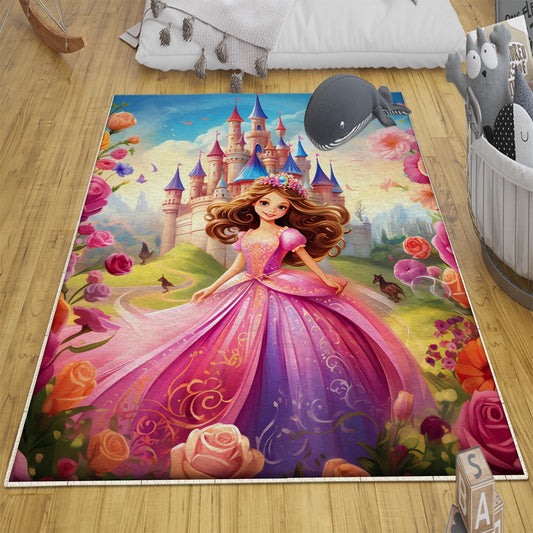 Colorful Fairy Princess Medieval Castle Kids Room Rug, Cute Pink Rug Gift For Kids, Kids Room Gift, Kids Room Decor with pillow case gift