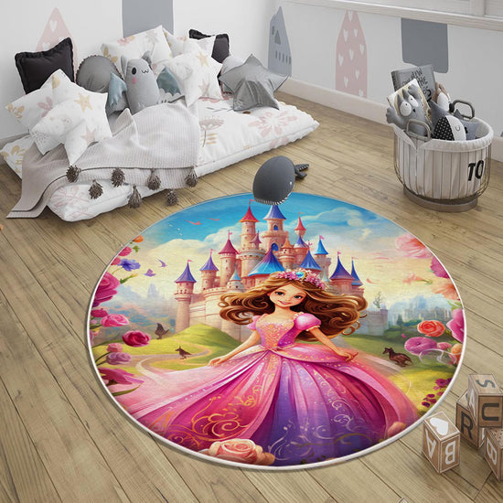 Round Colorful Fairy Princess Medieval Castle Kids Room Rug, Cute Rug Gift For Kids, Kids Room Gift, Kids Room Decor with pillow case gift