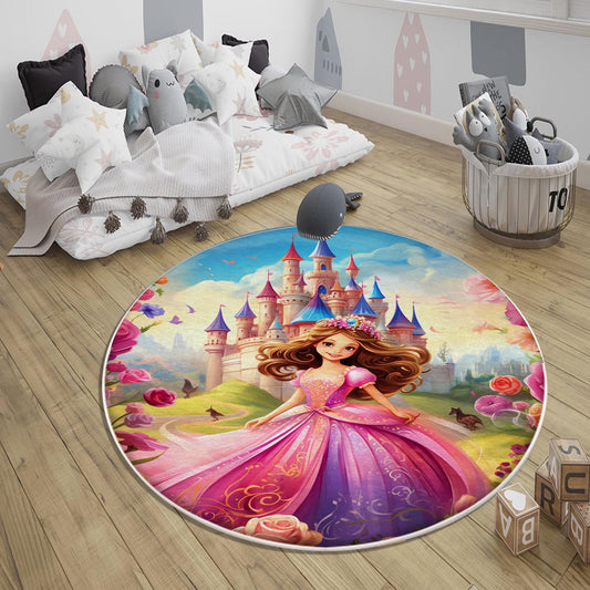 Round Colorful Fairy Princess Medieval Castle Kids Room Rug, Cute Rug Gift For Kids, Kids Room Gift, Kids Room Decor with pillow case gift