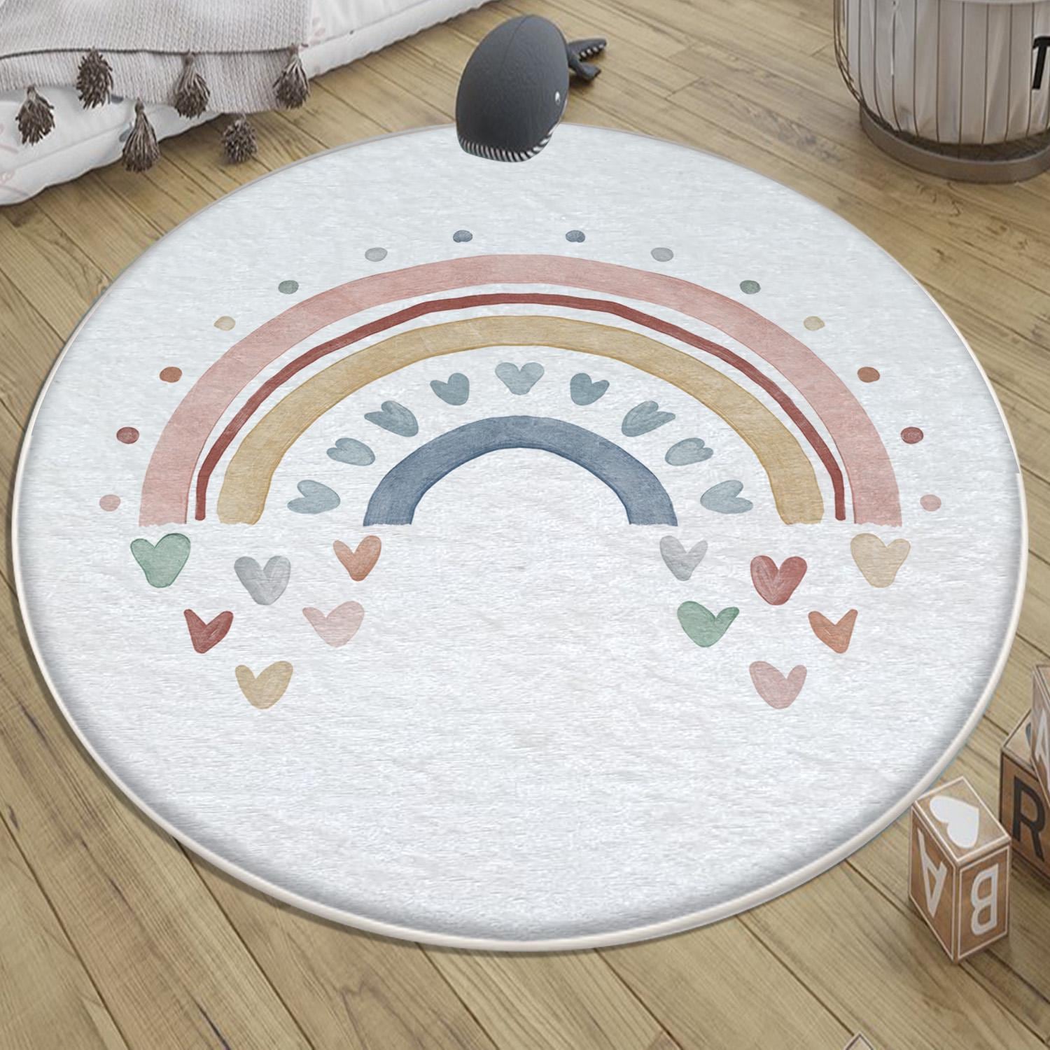 Round Colorful Fairy Rainbow Nursery Room Rug, Cute Pink Rug Gift For Kids, Baby Room Gift, Kids Room Decor with pillow case gift