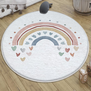 Round Colorful Fairy Rainbow Nursery Room Rug, Cute Pink Rug Gift For Kids, Baby Room Gift, Kids Room Decor with pillow case gift