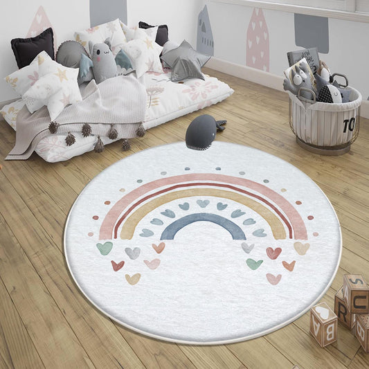 Round Colorful Fairy Rainbow Nursery Room Rug, Cute Pink Rug Gift For Kids, Baby Room Gift, Kids Room Decor with pillow case gift