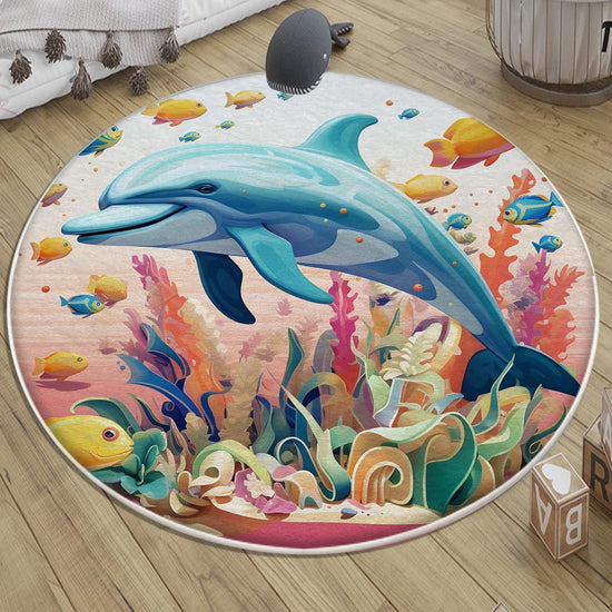 Colorful Under Sea Dolphin Fish Girl Nursery Room Rug, Cute Pink Rug Gift For Kids, Baby Room Gift, Kids Room Decor with pillow case gift