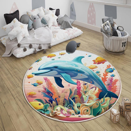 Round Colorful Under Sea Dolphin Fish Nursery Room Rug, Cute Pink Rug Gift For Kids, Baby Room Gift, Kids Room Decor with pillow case gift