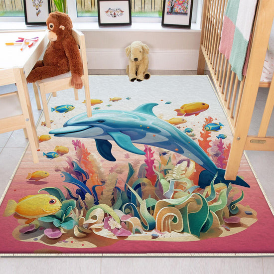 Round Colorful Under Sea Dolphin Fish Nursery Room Rug, Cute Pink Rug Gift For Kids, Baby Room Gift, Kids Room Decor with pillow case gift
