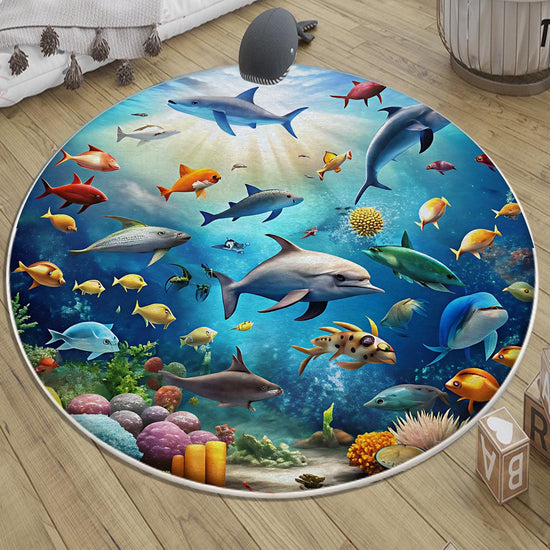 Round Under Sea Fishes Aquarium Nursery Room Rug, Cute Rug Gift For Kids, Baby Room Gift, Kids Room Decor with pillow case gift